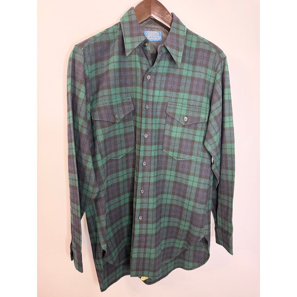 PENDLETON Vintage 60s Virgin Wool Green Tartan Plaid Flannel Shirt Mens 16 L USA - Picture 5 of 10
